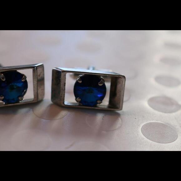 Men's Vintage Blue Stone Silver Tone Rectangle Cufflinks set - Picture 3 of 4